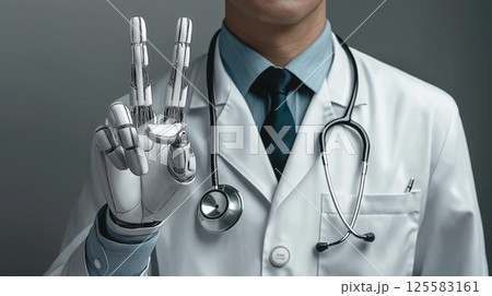 A futuristic doctor in a white coat with a stethoscope has a robotic, metallic hand raised in a gesture, symbolizing the fusion of AI, robotics, and healthcare innovation. 125583161