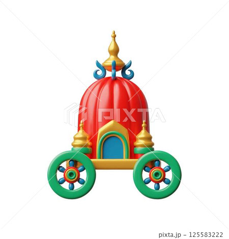 Ratha Yatra festival 3D vector, cartoon festive colorful chariot on wheels, temple cart, religious celebration attribute 125583222