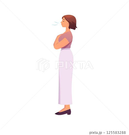 Woman standing makes calm breathing exercise, breathe out, holding chest and eyes closed vector illustration side view Woman standing makes calm breathing exercise, breathe out, holding chest and eyes closed vector illustration side view 125583288