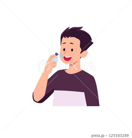 Boy uses an inhaler, mouth freshener, oral hygiene, throat spray, vector Asthma, Allergy, FLU disease aerosol treatment 125583289