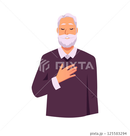 Senior man makes calm breathing exercise, breathe out and in, holding chest with eyes closed vector flat illustration Senior man makes calm breathing exercise, breathe out and in, holding chest with eyes closed vector flat illustration 125583294