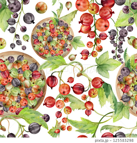 Currant gooseberry in clusters, leaves on ceramic dish, hand drawn in watercolor, ripe picked garden berry harvest, casseille jostaberry. Isolated seamless pattern. Organic food packaging, eco textile 125583298