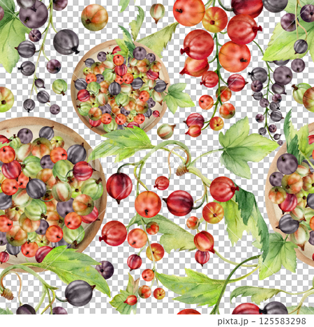 Currant gooseberry in clusters, leaves on ceramic dish, hand drawn in watercolor, ripe picked garden berry harvest, casseille jostaberry. Isolated seamless pattern. Organic food packaging, eco textile 125583298