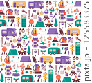 Seamless pattern with things for traveling to the mountains. Fishing and summer camping. Hike with backpacks, rest in the forest. print object stuff design wallpaper. background vector illustration. 125583375