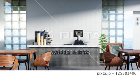 Welcoming coffee bar interior with comfortable seating arrangements, 3D render illustration Welcoming coffee bar interior with comfortable seating arrangements, 3D render illustration 125583406