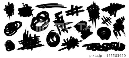 Collection of hand drawn doodles and squiggles for text highlighting sign. Set of design elements with texture of scribbles. Black line brush stroke. Simple cute vector swashes, strokes, note, diagram 125583420