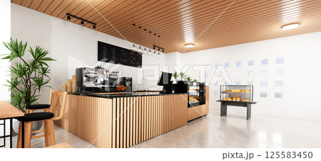 Elegant Coffee Shop Interior with Wooden Finishes, 3D render illustration Elegant Coffee Shop Interior with Wooden Finishes, 3D render illustration 125583450