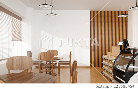 Modern coffee shop interior with wooden accents and seating, 3D render illustration 125583454