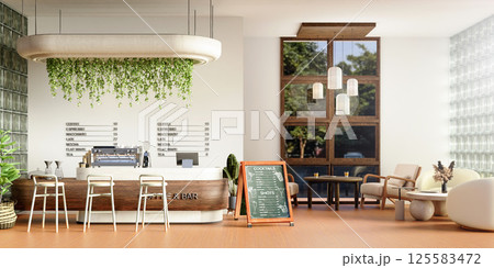 Stylish coffee and bar interior with lush greenery, 3D render illustration Stylish coffee and bar interior with lush greenery, 3D render illustration 125583472