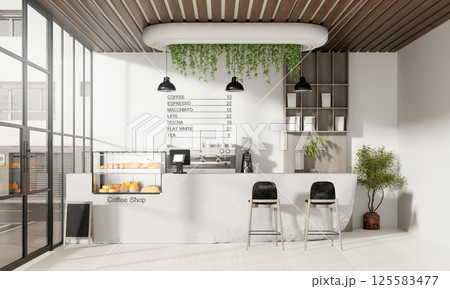 Trendy coffee shop interior featuring greenery and modern elements, 3D render illustration 125583477