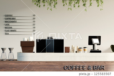Chic coffee bar counter with elegant minimalist design, 3D render illustration Chic coffee bar counter with elegant minimalist design, 3D render illustration 125583507