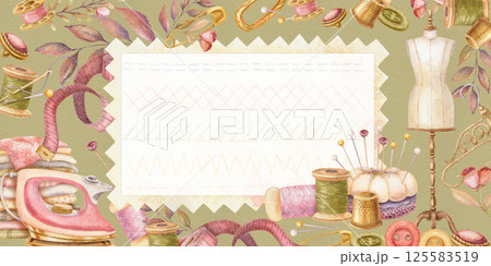 Sewing tools watercolor banner with fabric sample and copy space. Hand drawn vintage floral template with iron and mannequin. Perfect for tailor shop or atelier advertising background and web design. Sewing tools watercolor banner with fabric sample and copy space. Hand drawn vintage floral template with iron and mannequin. Perfect for tailor shop or atelier advertising background and web design. 125583519