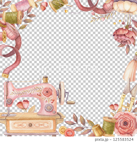 Square frame with watercolor sewing machine and copy space. Hand drawn vintage floral template with measuring tape and pincushion. Perfect for tailor logo and romantic card and invitation design. Square frame with watercolor sewing machine and copy space. Hand drawn vintage floral template with measuring tape and pincushion. Perfect for tailor logo and romantic card and invitation design. 125583524