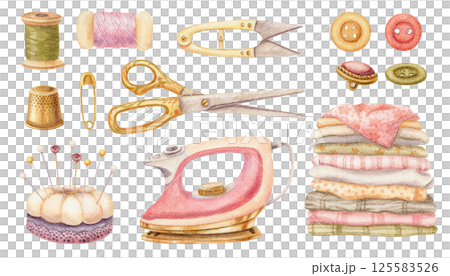 Set of sewing tools and needlework in watercolor. Hand drawn vintage template with pink iron and stack of fabric. Fashion industry and craft hobby kit. Perfect for atelier or dressmaking design. 125583526