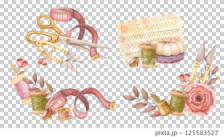 Set of sewing tool and needlework composition in watercolor. Hand drawn vintage arrangement with tailor scissors and thimble. Fashion industry and hobby kit. Perfect for atelier or dressmaker design. Set of sewing tool and needlework composition in watercolor. Hand drawn vintage arrangement with tailor scissors and thimble. Fashion industry and hobby kit. Perfect for atelier or dressmaker design. 125583527