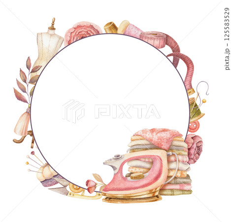 Round frame with watercolor clothes repairing tools and copy space. Hand drawn vintage template with pink iron and stack of fabrics. Perfect for tailor logo and romantic card and invitation design. Round frame with watercolor clothes repairing tools and copy space. Hand drawn vintage template with pink iron and stack of fabrics. Perfect for tailor logo and romantic card and invitation design. 125583529