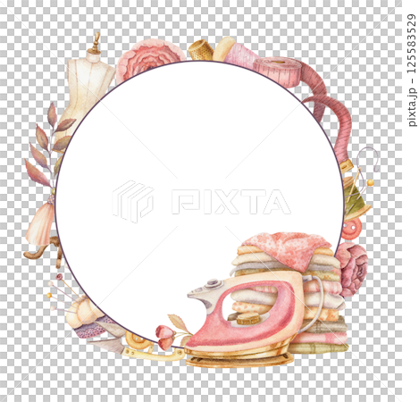 Round frame with watercolor clothes repairing tools and copy space. Hand drawn vintage template with pink iron and stack of fabrics. Perfect for tailor logo and romantic card and invitation design. Round frame with watercolor clothes repairing tools and copy space. Hand drawn vintage template with pink iron and stack of fabrics. Perfect for tailor logo and romantic card and invitation design. 125583529