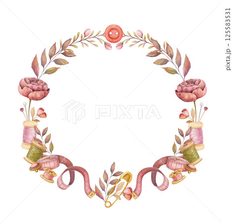 Round wreath with watercolor sewing tools. Hand drawn vintage floral frame template with measuring tape and pink flower safety pin. Perfect for tailor logo and romantic card and invitation design. Round wreath with watercolor sewing tools. Hand drawn vintage floral frame template with measuring tape and pink flower safety pin. Perfect for tailor logo and romantic card and invitation design. 125583531