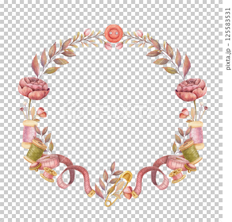 Round wreath with watercolor sewing tools. Hand drawn vintage floral frame template with measuring tape and pink flower safety pin. Perfect for tailor logo and romantic card and invitation design. Round wreath with watercolor sewing tools. Hand drawn vintage floral frame template with measuring tape and pink flower safety pin. Perfect for tailor logo and romantic card and invitation design. 125583531