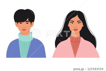 Oriental Young Guy and Beautiful Girl with Long Hair. Isolated Modern Male and Female Portraits Eastern Asian People with almond-shaped eyes on white background. Vector illustration in flat style 125583554