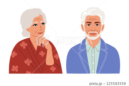 Elegant Gray-haired Mature Old Woman and Stylish Senior Man with Beard in Jacket. Isolated Modern Happy Female and confident Male Portrait on white background. Vector illustration in flat style Elegant Gray-haired Mature Old Woman and Stylish Senior Man with Beard in Jacket. Isolated Modern Happy Female and confident Male Portrait on white background. Vector illustration in flat style 125583559