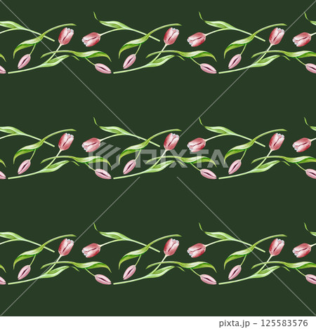Seamless watercolor pattern with pink tulips on a green background. Floral pattern. Botanical illustration. Romantic spring theme for packaging, wallpaper. Seamless watercolor pattern with pink tulips on a green background. Floral pattern. Botanical illustration. Romantic spring theme for packaging, wallpaper. 125583576