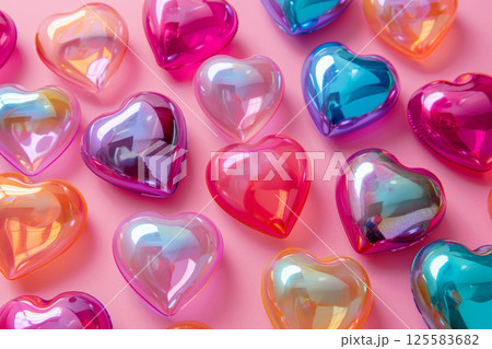 Colorful Glossy Heart-Shaped Objects on Pink Background for Valentine’s Day Design Colorful Glossy Heart-Shaped Objects on Pink Background for Valentine’s Day Design 125583682