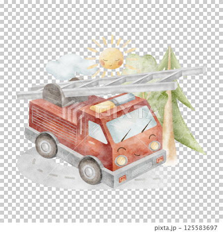 Watercolor illustration fire engine, city transport, road, trees, sun, clouds. Children's composition drawn hand in cartoon style on isolated background for design of postcards, posters, baby clothes Watercolor illustration fire engine, city transport, road, trees, sun, clouds. Children's composition drawn hand in cartoon style on isolated background for design of postcards, posters, baby clothes 125583697