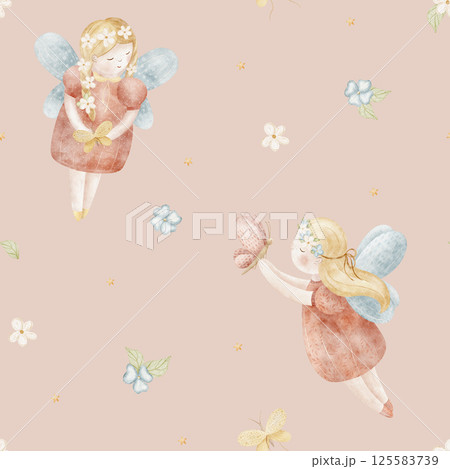 Watercolor pattern of fairy girl, butterflies fly in flowers. Illustration hand drawn in cartoon style. Seamless print children on pink background for fabric, baby clothes, textiles, packaging Watercolor pattern of fairy girl, butterflies fly in flowers. Illustration hand drawn in cartoon style. Seamless print children on pink background for fabric, baby clothes, textiles, packaging 125583739