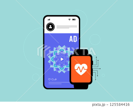 AI-powered smartwatch detects stress and delivers real-time personalized wellness ads via apps, combining health data, wearables and marketing tech. Vector illustration and icons 125584416