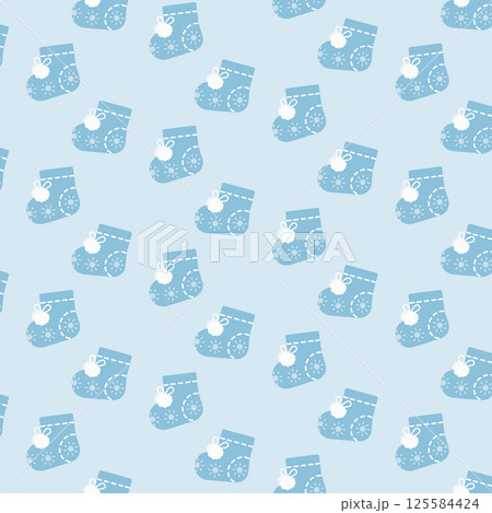Booties with buboes, stitches and Snowflakes Ornament Seamless Pattern Winer Child Cloth Background  125584424