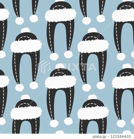 Warm Ear Flap Hat with fur, buboes and stitch Seamless Pattern Black and White on Blue Background 125584428