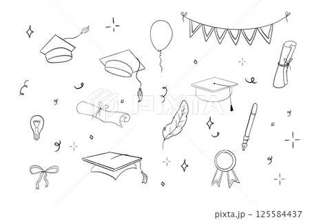 Graduation hat doodle line. University Cap of graduate and certificate degree hand drawn outline. Graduation hats sketch Graduation hat doodle line. University Cap of graduate and certificate degree hand drawn outline. Graduation hats sketch 125584437