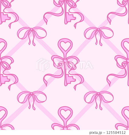 Coquette Pattern Pink Ribbon Bow and Antique Key. Girly keys with bows on pink background with cross ribbons. Trendy feminine romantic template for wedding, fabric, wrapping. Vector Illustration. 125584512