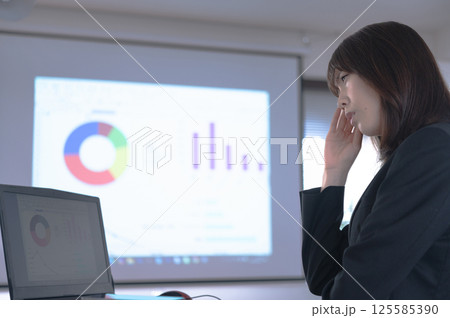 プレゼンテーション資料作成に悩むスーツ姿の女性 プレゼンテーション資料作成に悩むスーツ姿の女性 125585390