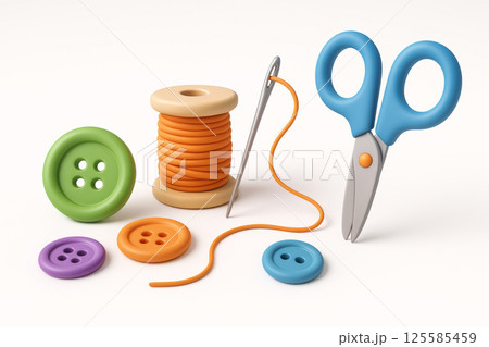 Sewing Supplies with Colorful Buttons, Thread, Needle, and Scissors Art. Concept of Crafting Essentials, Textile Work, Creative Projects, Home Sewing, and DIY Enthusiasts. Isolated on white background Sewing Supplies with Colorful Buttons, Thread, Needle, and Scissors Art. Concept of Crafting Essentials, Textile Work, Creative Projects, Home Sewing, and DIY Enthusiasts. Isolated on white background 125585459