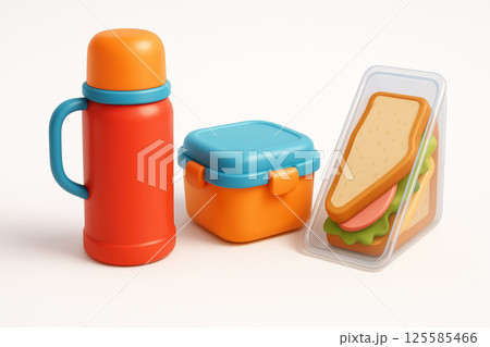 Colorful lunch concept with sandwich and thermos set against simple background. concept of meal prep, on-the-go lunch solutions, convenient packed meals. Isolated on white background Colorful lunch concept with sandwich and thermos set against simple background. concept of meal prep, on-the-go lunch solutions, convenient packed meals. Isolated on white background 125585466