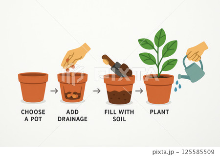 Simple Guide to Potting an Indoor Plant: Step-by-Step Instructions for Choosing a Pot, Adding Drainage, Filling with Soil, and Planting. Isolated on white background 125585509