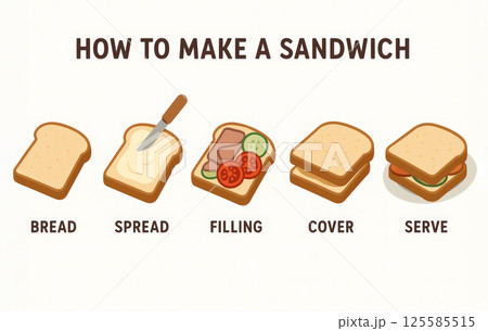 Simple Guide to Making Sandwiches with Steps Including Bread, Spread, Filling, Cover, and Serve. Concept of Easy Cooking, Homemade Lunch, Quick Meal, Step-by-Step Preparation. white background Simple Guide to Making Sandwiches with Steps Including Bread, Spread, Filling, Cover, and Serve. Concept of Easy Cooking, Homemade Lunch, Quick Meal, Step-by-Step Preparation. white background 125585515
