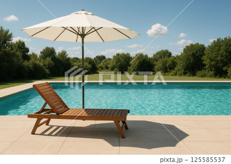 Wooden Lounge Chair Beside Pool with Umbrella on a Sunny Day in a Serene Outdoor Setting. Concept of Relaxation, Leisure, Tranquility, Luxury Resort Experience 125585537