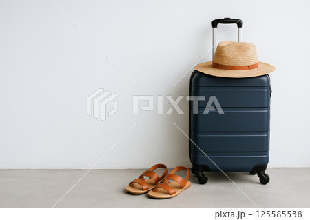Suitcase with Straw Hat and Sandals Represents Summer Travels and Vacation Planning in Minimalist Style. Copy space 125585538