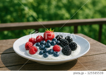 Fresh Berries and Yogurt Composition on Wooden Table in Garden Setting. Concept of Healthy Eating, Summer Snack, Wholesome Breakfast, Fresh Produce, Simple Delight 125585539
