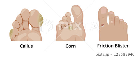 Callus, corn and friction blister affecting human foot skin 125585940