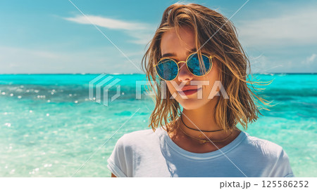 夏の海辺で微笑むサングラスの女性 125586252