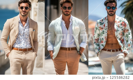 Three stylish men showcase elegant summer outfits featuring light fabrics and floral patterns, each wearing sunglasses 125586282