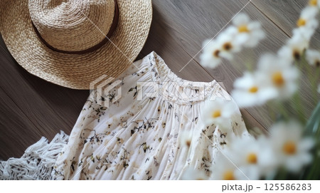 A light floral summer dress and woven straw hat are neatly arranged on a wooden floor next to soft white daisies A light floral summer dress and woven straw hat are neatly arranged on a wooden floor next to soft white daisies 125586283