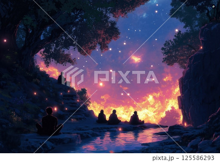 Stargazers observing a vibrant night sky by a serene waterfall 125586293