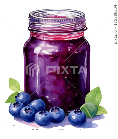 ブルーベリージャムの水彩風イラスト 生成AI ブルーベリージャムの水彩風イラスト 生成AI 125586334
