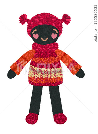 Cute knitted doll in red hat, coat and boots. Vector isolated illustration Cute knitted doll in red hat, coat and boots. Vector isolated illustration 125586533