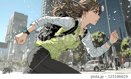 遅刻しそうで猛ダッシュをしている若い女性